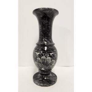 Black Marble Vase w/ White Etched Floral Scene 8” Polished Stone Decor